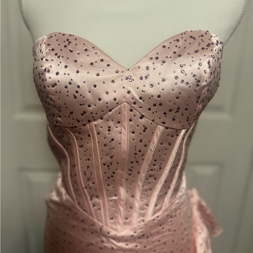 Pink Strapless Dress with Ruffle Detail - Picture 3 of 8